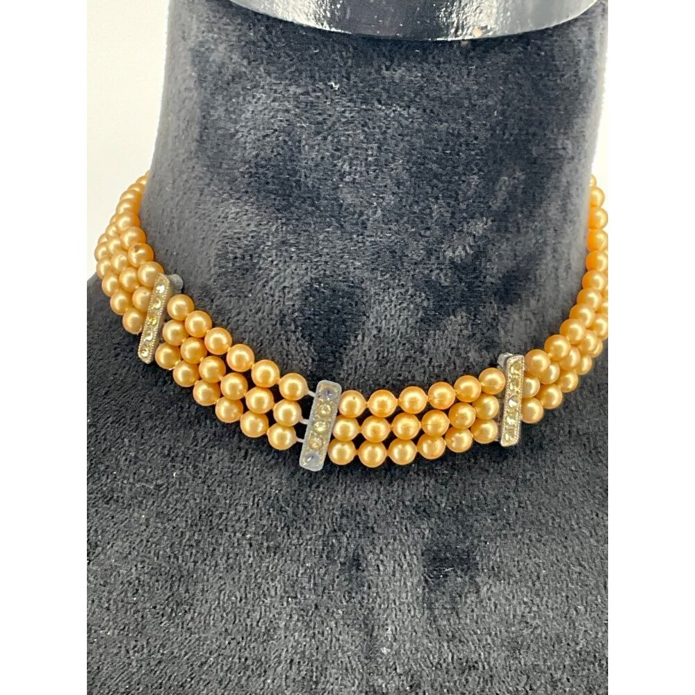 Vintage Faux Pearl Three-Strand Choker‎ Necklace With Rhinestone Accents